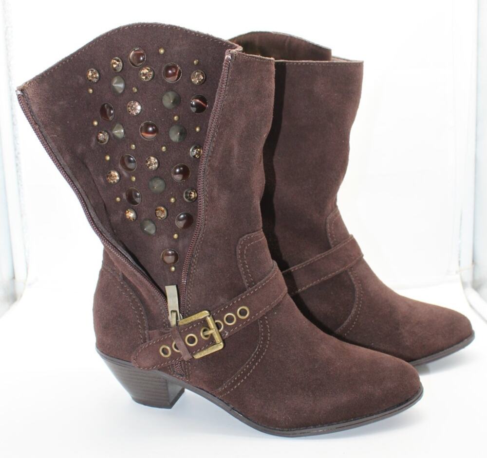 Diane Gilman Brown Suede Studded Biker Western Riding Ankle Heel Boots Size 7.5W